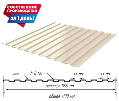 Профнастил (профлист) С-8 RAL1015 Слоновая Кость ширина 1.19(1,15)м толщина 0.45мм с размерами профиля