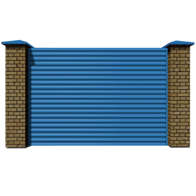 Секция забора жалюзи из ламелей еврожалюзи RAL5015 Небесно-Голубой с кирпичными столбами анфас